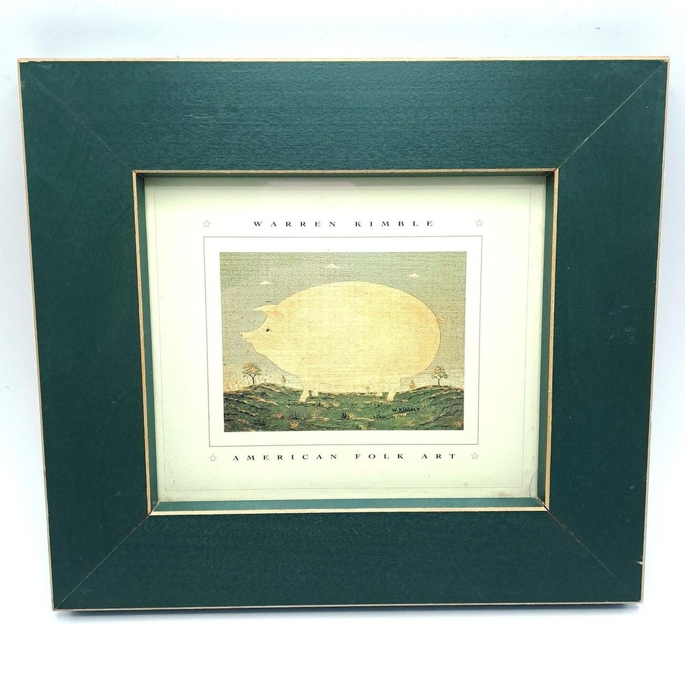 Warren Kimble Folk Art Pig Print Framed 10x9" Green Gold Mat Farmhouse Decor